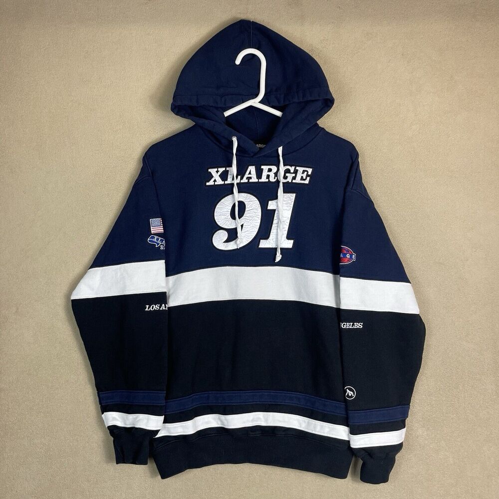 XLarge Hoodie Adult Medium Black Blue Team Paneled Sweatshirt Pullover Mens